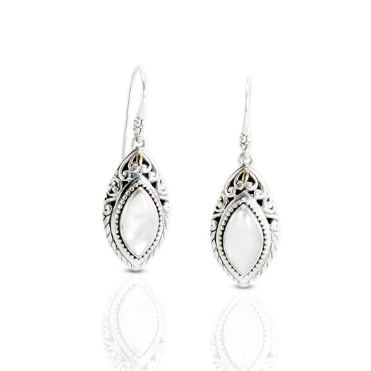 marquise earrings dangle drop 925 sterling silver decorated with mother of pearl and open work filigree and 18K gold accent