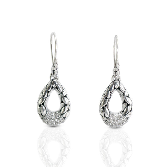 Tear drop earrings 925 sterling silver decorated with white crystal dan rice bead pattern