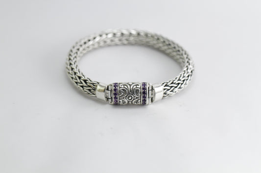 High Quality Bali handmade woven Dragon Bone chain 925 sterling silver 10mm bracelet 7.5" inch length decorated with genuine Amethyst