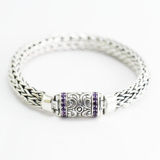High Quality Bali handmade woven Dragon Bone chain 925 sterling silver 10mm bracelet 7.5" inch length decorated with genuine Amethyst