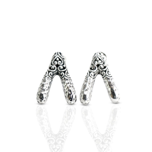 Wishbone stud earrings 925 sterling silver decorated with handcrafted filigree