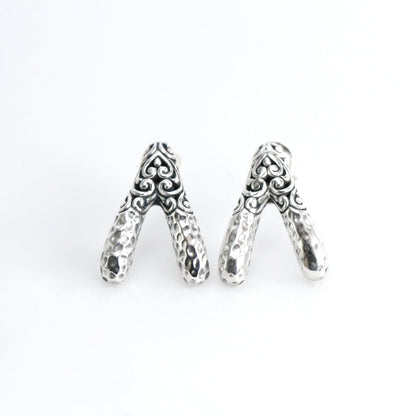 Wishbone stud earrings 925 sterling silver decorated with handcrafted filigree