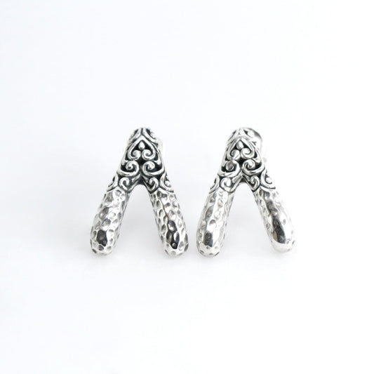 Wishbone stud earrings 925 sterling silver decorated with handcrafted filigree