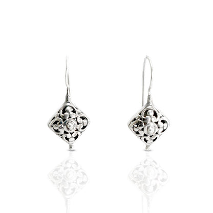 Antique earrings drop 925 sterling silver decorated with open work filigree