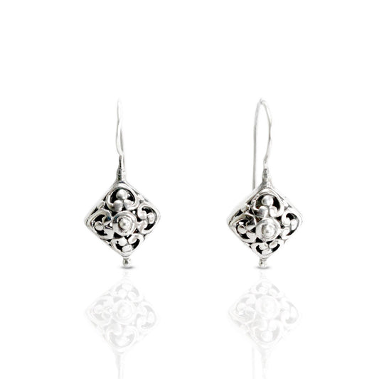 Antique earrings drop 925 sterling silver decorated with open work filigree