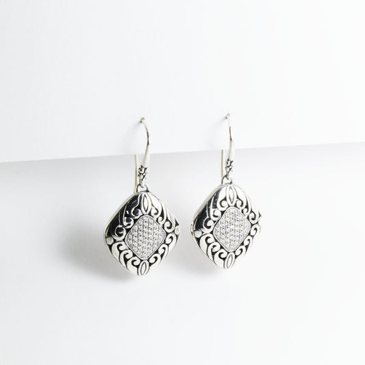 square earrings dangle drop 925 sterling silver decorated with white crystal and open work filigree