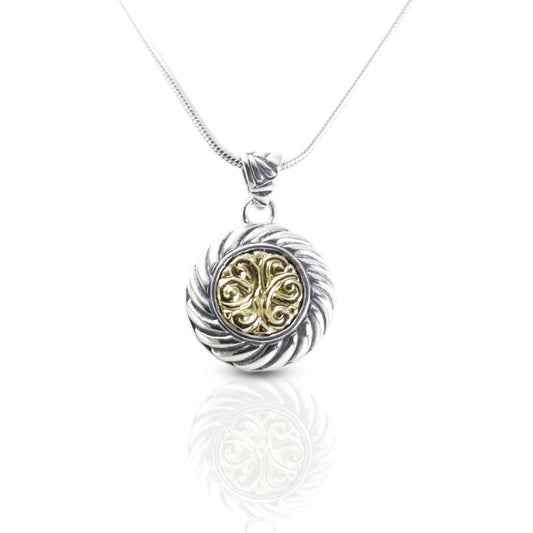 round pendant 925 sterling silver with 18K gold carving decorated with cable edge