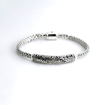 Woven chain bracelet 925 sterling silver decorated with open work filigree 18K gold