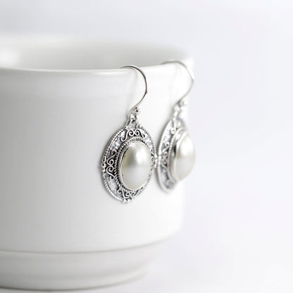 White Mabe Pearl Earrings dangle 925 sterling silver decorated with handmade filigree and antique finishing