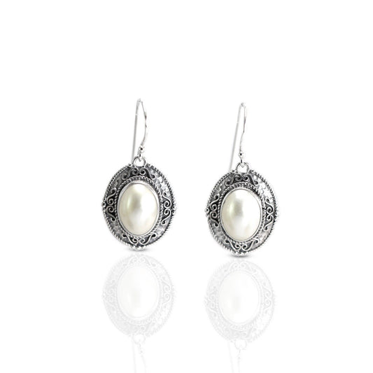 White Mabe Pearl Earrings dangle 925 sterling silver decorated with handmade filigree and antique finishing