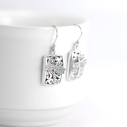 Dragonfly earrings 925 sterling silver dangle drop earring open work filigree