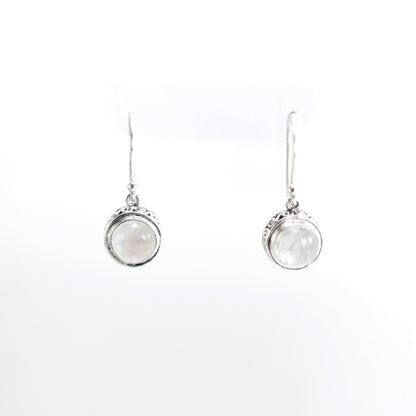 Moonstone earrings set in 925 sterling silver round dangle decorated with filigree edge