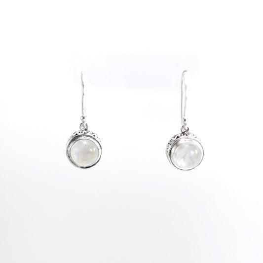 Moonstone earrings set in 925 sterling silver round dangle decorated with filigree edge