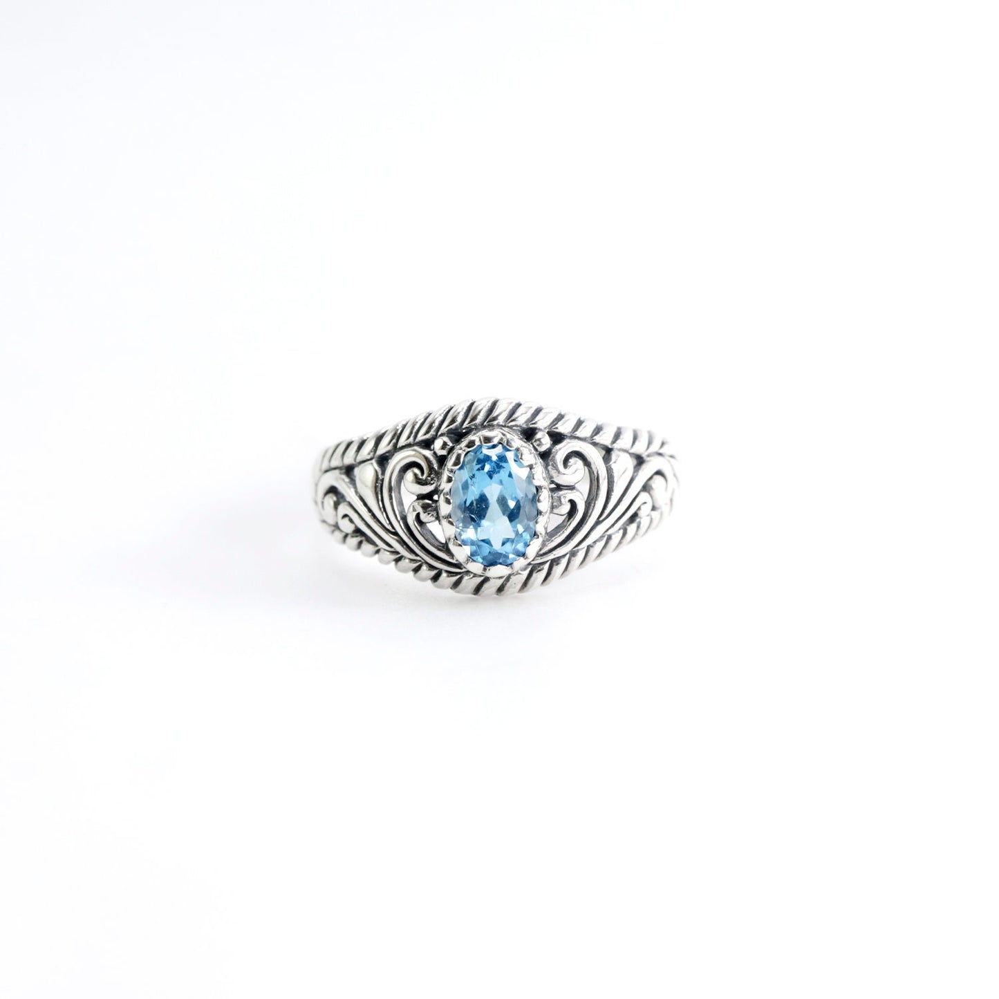 open work ring with genuine Oval blue topaz in 925 sterling silver, cable style ring