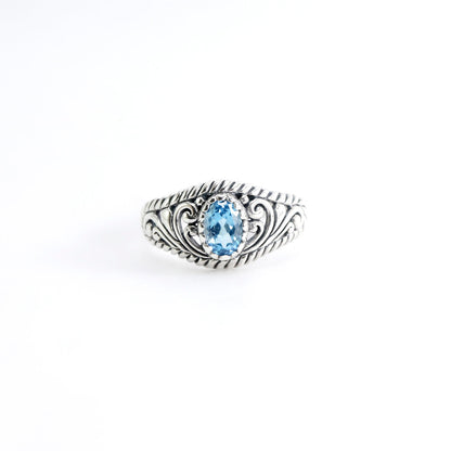 open work ring with genuine Oval blue topaz in 925 sterling silver, cable style ring
