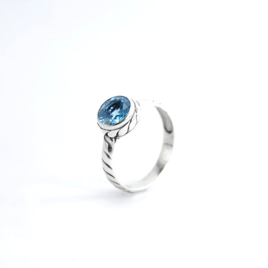 Blue topaz ring 925 sterling silver, round topaz ring, cable ring