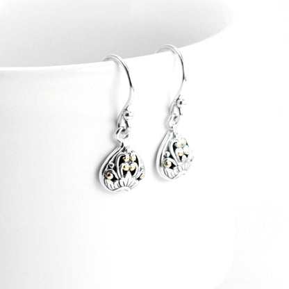 silver earrings dangle drop 925 sterling silver earrings decorated with handcrafted filigree and 18K Gold