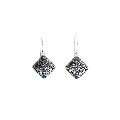 Leaf earrings 925 sterling silver decorated with filigree art and genuine blue topaz