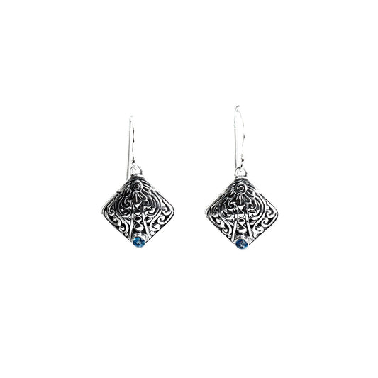 Leaf earrings 925 sterling silver decorated with filigree art and genuine blue topaz