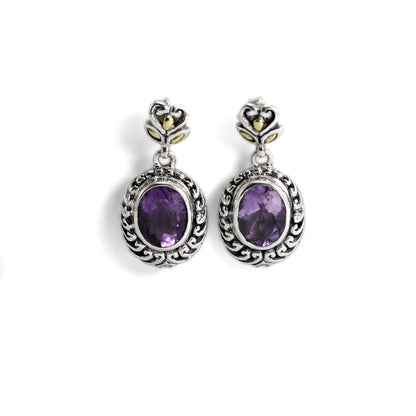 amethyst stud earrings 925 sterling silver decorated with open work filigree and 18K yellow gold