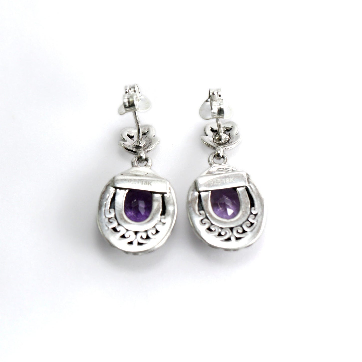 amethyst stud earrings 925 sterling silver decorated with open work filigree and 18K yellow gold