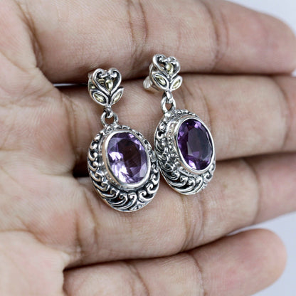 amethyst stud earrings 925 sterling silver decorated with open work filigree and 18K yellow gold