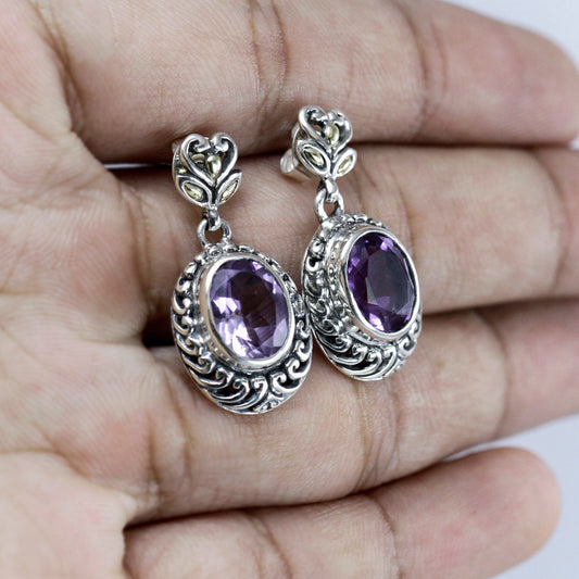 amethyst stud earrings 925 sterling silver decorated with open work filigree and 18K yellow gold