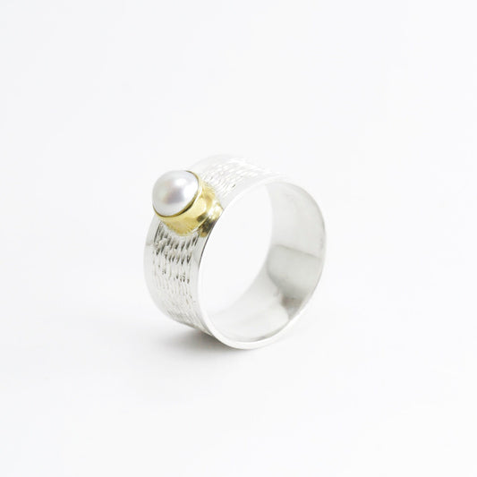 wide band ring 925 sterling silver with genuine fresh water pearl and gold vermeil on bezel