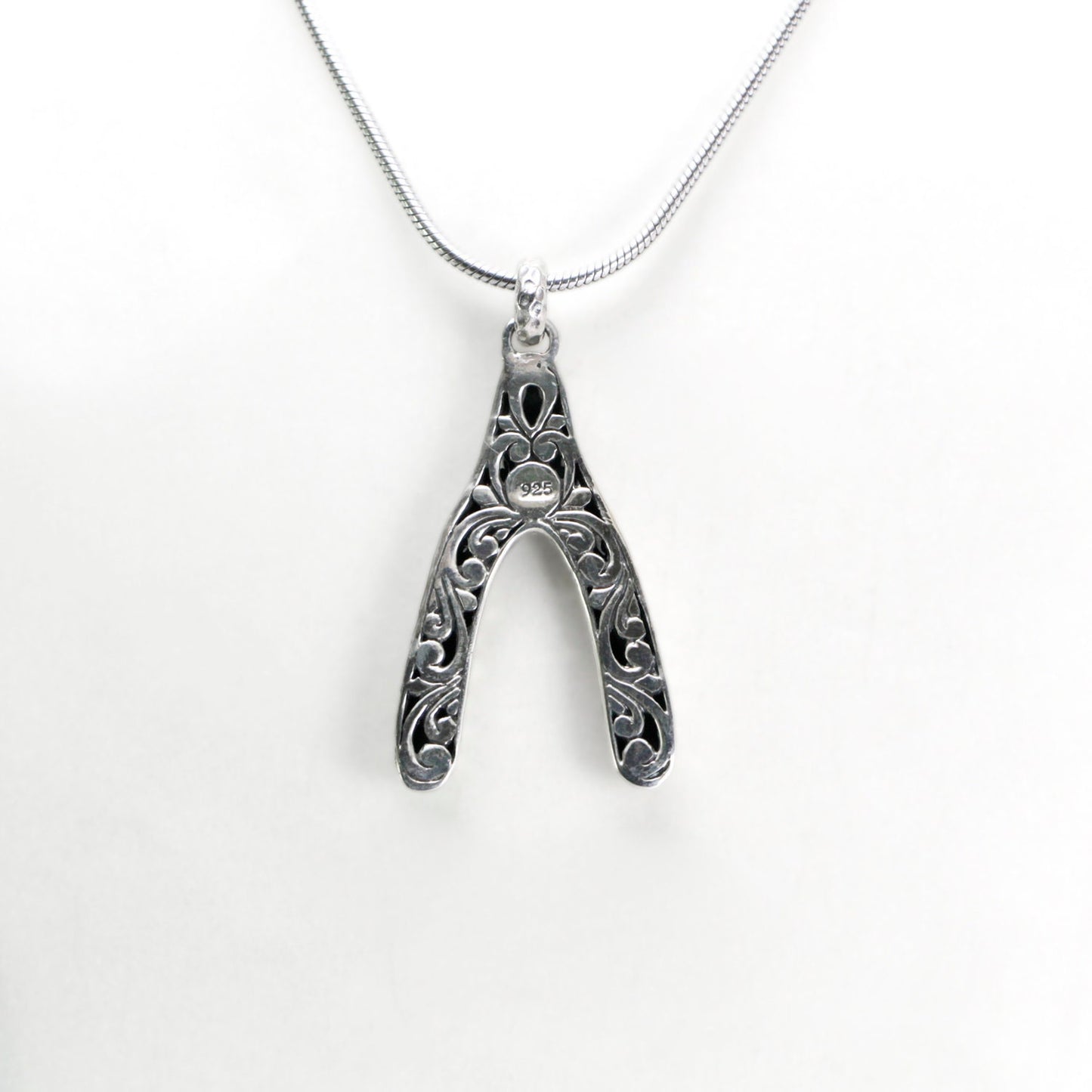 wishbone pendant necklace 925 sterling silver decorated with swirl filigree and hammer finishing