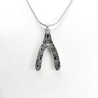 wishbone pendant necklace 925 sterling silver decorated with swirl filigree and hammer finishing