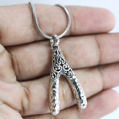 wishbone pendant necklace 925 sterling silver decorated with swirl filigree and hammer finishing