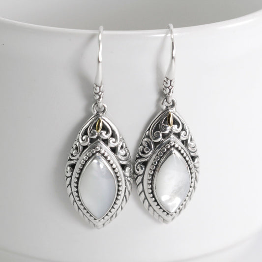 marquise earrings dangle drop 925 sterling silver decorated with mother of pearl and open work filigree and 18K gold accent