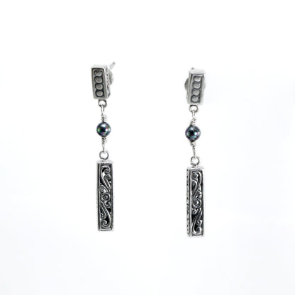 Dangle drop stud earrings 925 sterling silver decorated with pearl and open work filigree