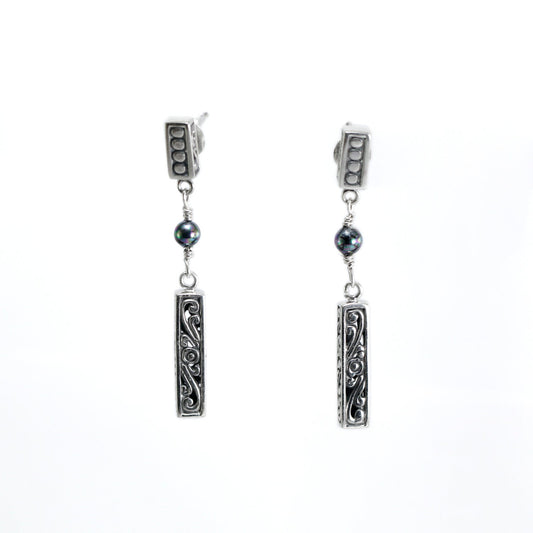 Dangle drop stud earrings 925 sterling silver decorated with pearl and open work filigree