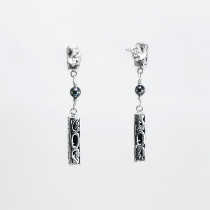 Dangle drop stud earrings 925 sterling silver decorated with pearl and open work filigree