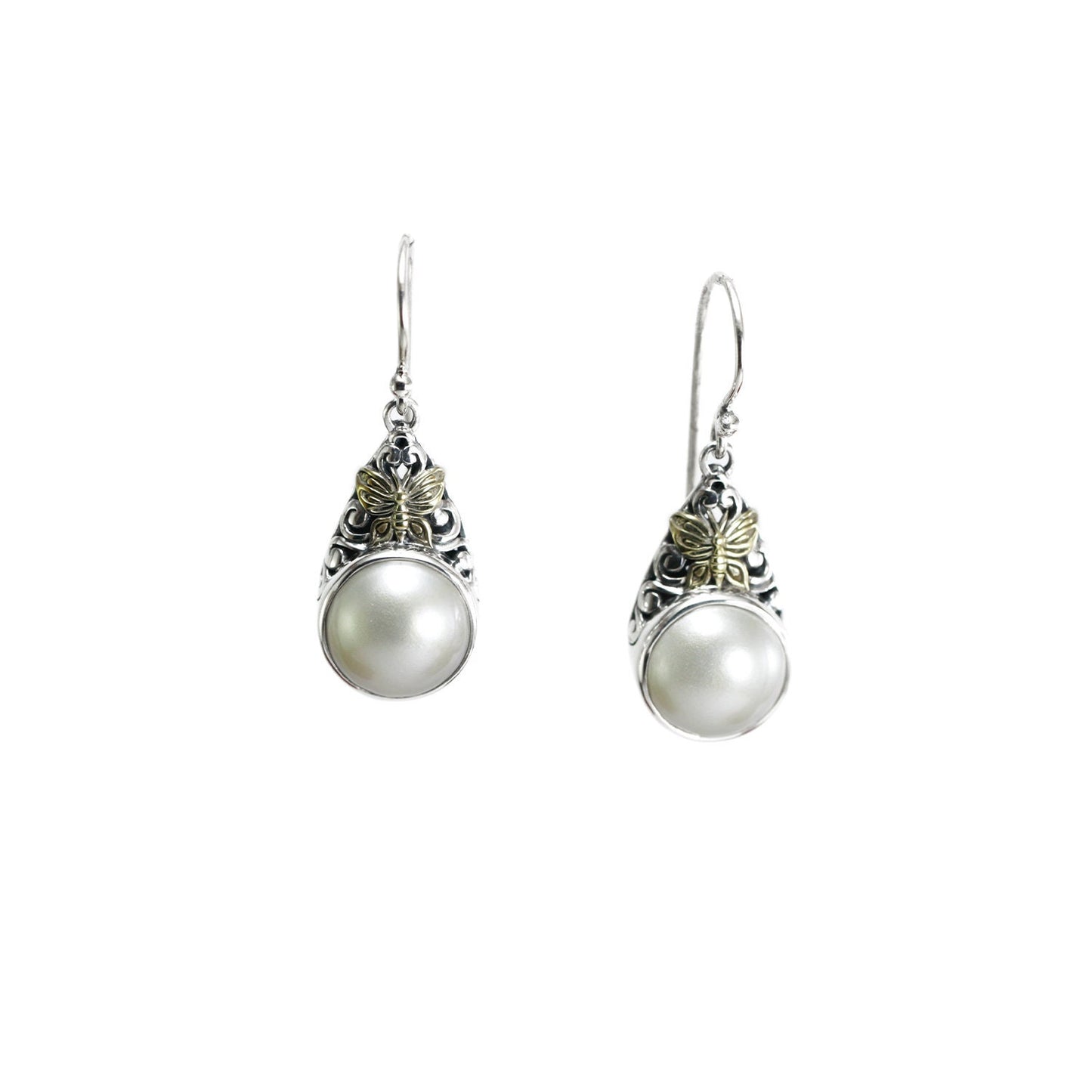white mabe pearl earrings 925 sterling silver decorated with 18K yellow gold, 13 mm mabe earrings