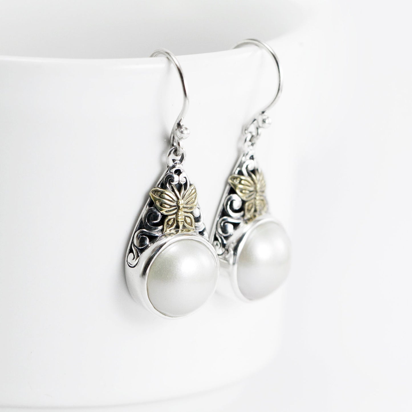 white mabe pearl earrings 925 sterling silver decorated with 18K yellow gold, 13 mm mabe earrings