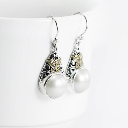 white mabe pearl earrings 925 sterling silver decorated with 18K yellow gold, 13 mm mabe earrings