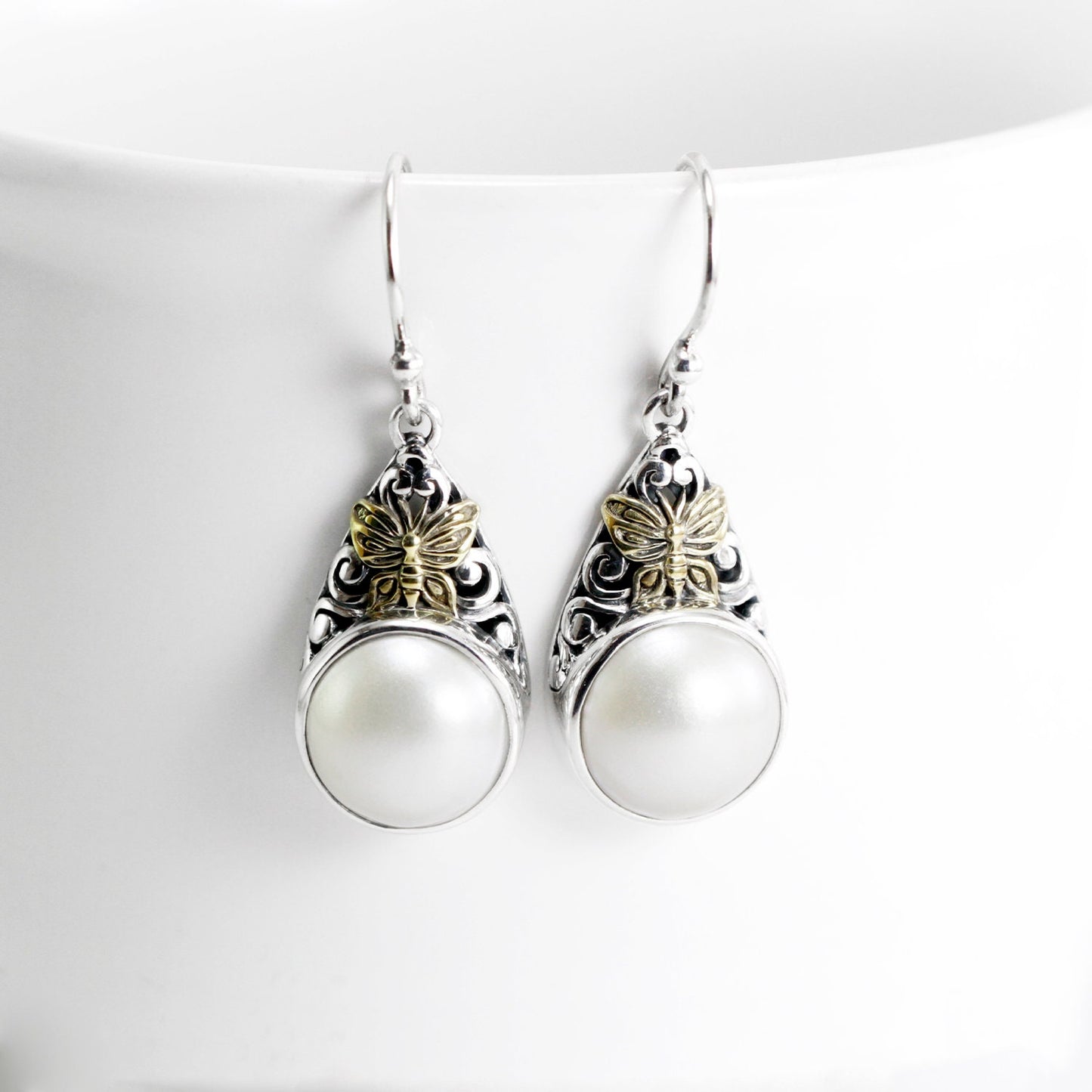 white mabe pearl earrings 925 sterling silver decorated with 18K yellow gold, 13 mm mabe earrings