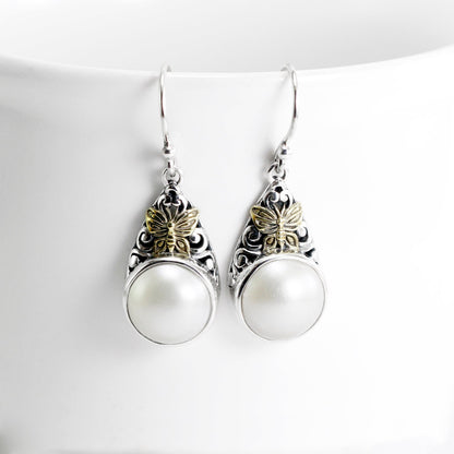 white mabe pearl earrings 925 sterling silver decorated with 18K yellow gold, 13 mm mabe earrings