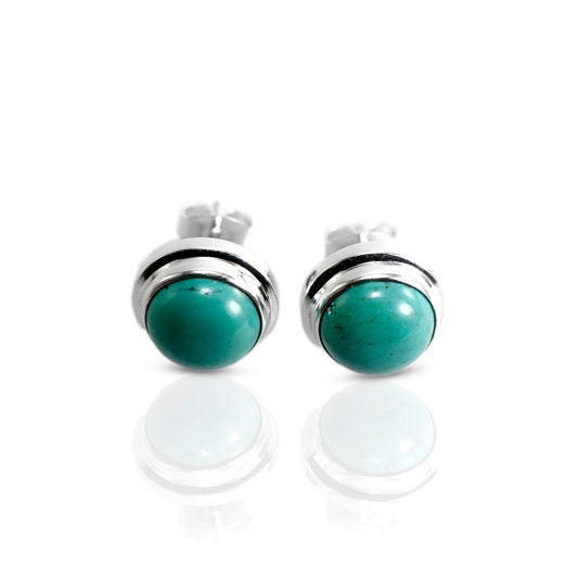 round shape Turquoise set in handmade 925 sterling silver double bezel stud earrings, 9 mm turquoise