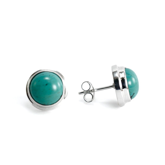 round shape Turquoise set in handmade 925 sterling silver double bezel stud earrings, 9 mm turquoise