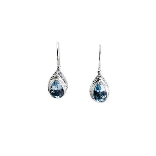 Teardrop earrings kidney lock with genuine blue topaz set in 925 sterling silver decorated with swirl filigree