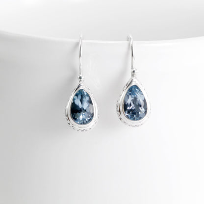 Teardrop earrings kidney lock with genuine blue topaz set in 925 sterling silver decorated with swirl filigree