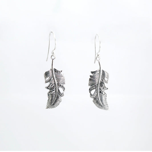 silver feather earrings 925 sterling silver dangle drop decorated with open work filigree