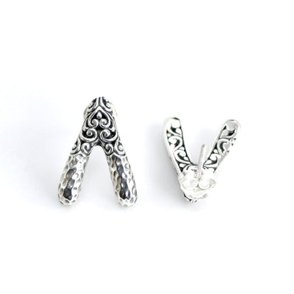 Wishbone stud earrings 925 sterling silver decorated with handcrafted filigree