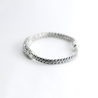 Woven chain bracelet 925 sterling silver decorated with open work filigree 18K gold