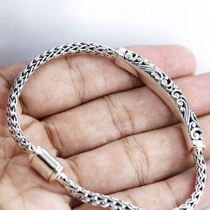 Woven chain bracelet 925 sterling silver decorated with open work filigree 18K gold