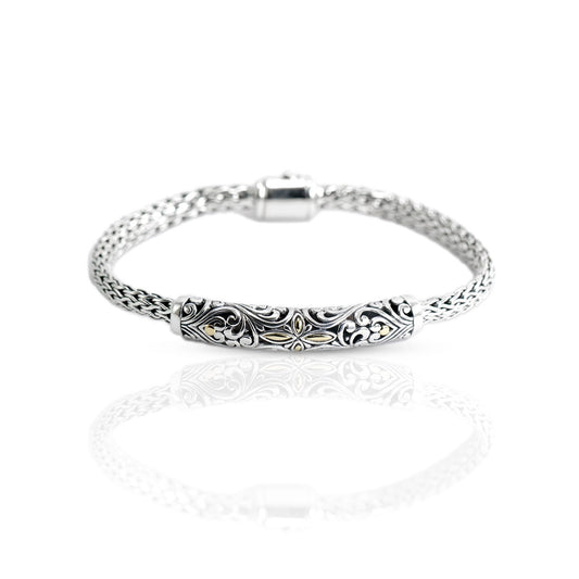 Woven chain bracelet 925 sterling silver decorated with open work filigree 18K gold
