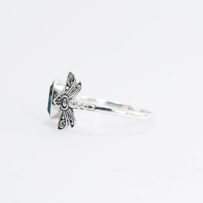 Blue topaz ring set in 925 sterling silver decorated with beautiful dragonfly